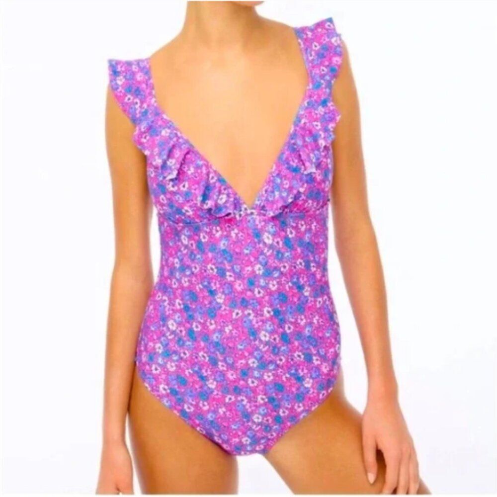 J Crew Ruffle V Neck One Piece Swimsuit Women M Pink Ditsy Floral Vacation Pool